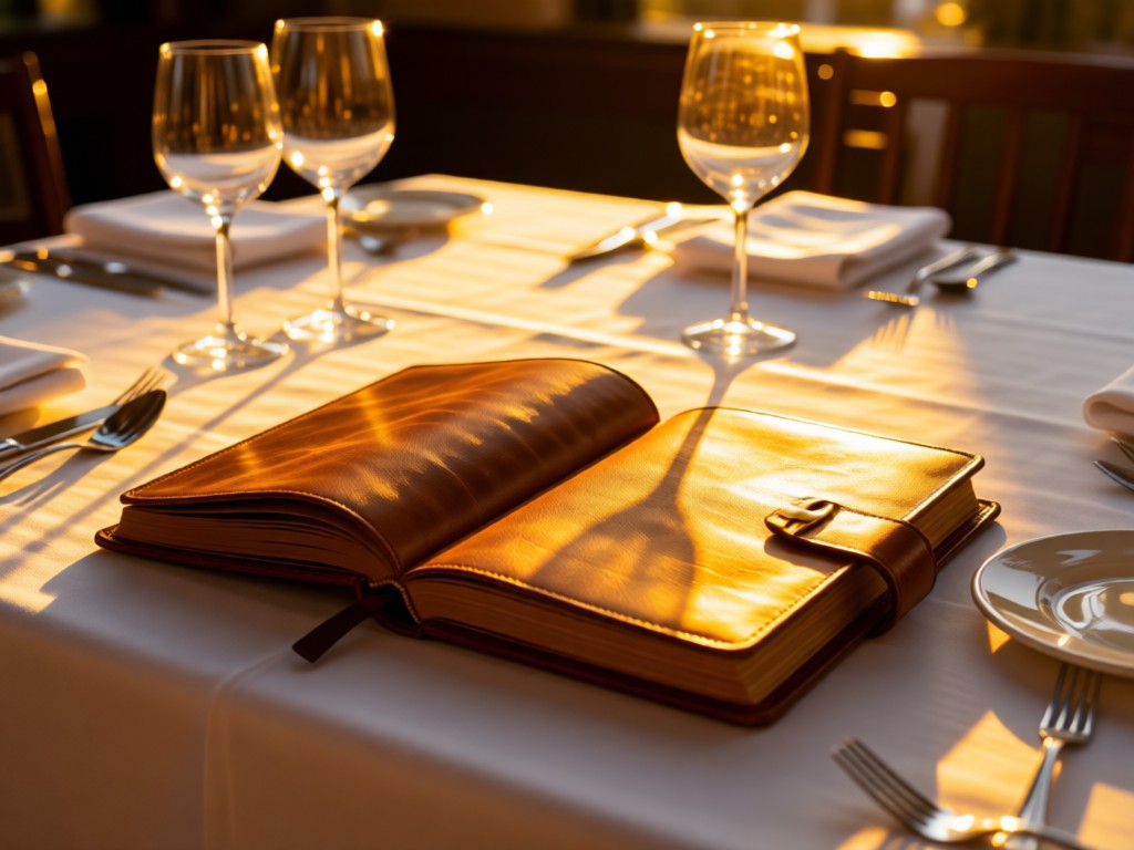 A perfectly set restaurant table at golden hour, empty except for a single leather-bound portfolio book open on the tablecloth. Sunlight catches the edges of the pages. No people.