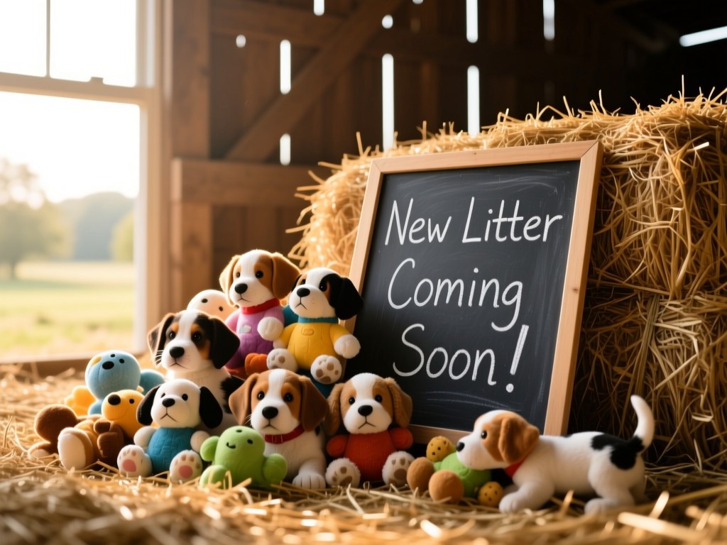 A playful pile of puppy toys beside a chalkboard with 'New Litter Coming Soon!' written. Morning light streams through a barn window onto hay bales. Warm and anticipatory. No people.