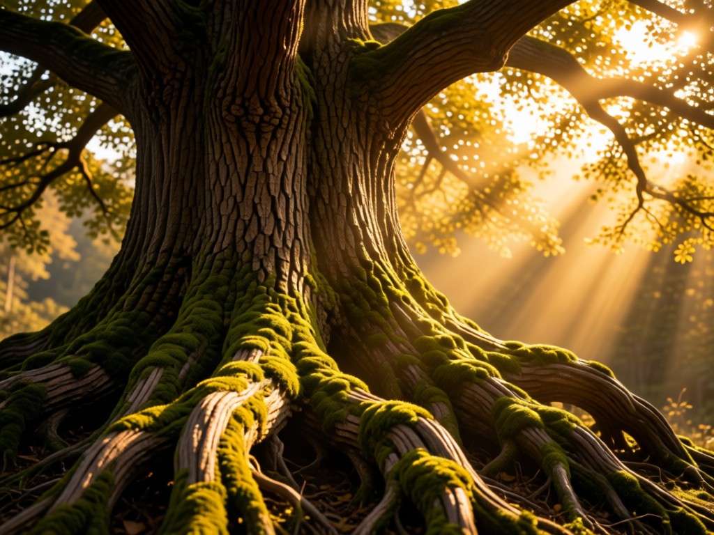 Ancient oak tree with strong roots in golden light. Close-up on textured bark and moss. Sunbeams filtering through canopy. Symbolizes endurance and growth. No people.