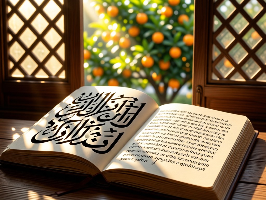 Open notebook showing Arabic calligraphy transitioning to English text. Sunlight filters through lattice windows onto the page. Blurred citrus trees visible outside.