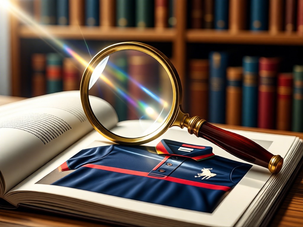 A vintage magnifying glass resting on a Ralph Lauren catalog open to a polo shirt page. Sunlight creates lens flares on the glass. Background features soft-focus bookshelves. No people.