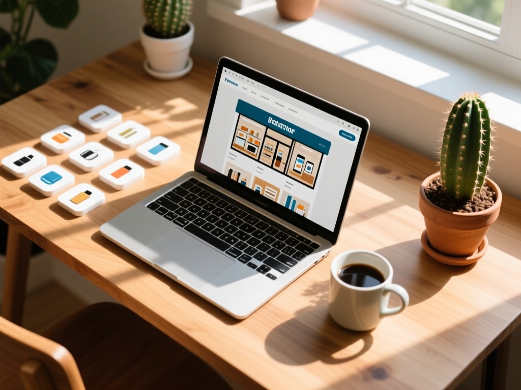 Aerial view of a wooden desk with a laptop showing a cohesive digital storefront. Around it: neatly arranged product icons, a coffee mug, and potted cactus. Sunlight pools around the scene.