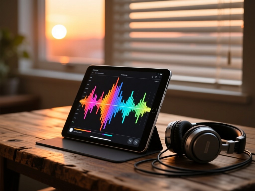 A modern tablet displaying colorful audio waveforms on a rustic wooden table during sunset, headphones coiled beside it, soft shadows and warm light through window blinds, no visible content.