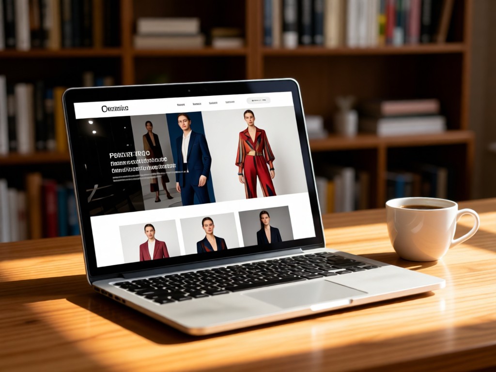 A laptop showing a fashion portfolio website on a wooden desk. Sunlight highlights the screen next to a coffee cup. Background features out-of-focus bookshelves. No people.