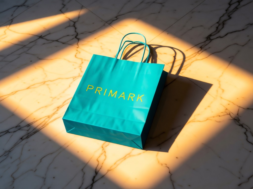 An aerial view of a single vibrant Primark shopping bag centered on a clean marble surface. Golden hour light creates dramatic shadows. Symbolizes focus and branded identity in retail. No people.