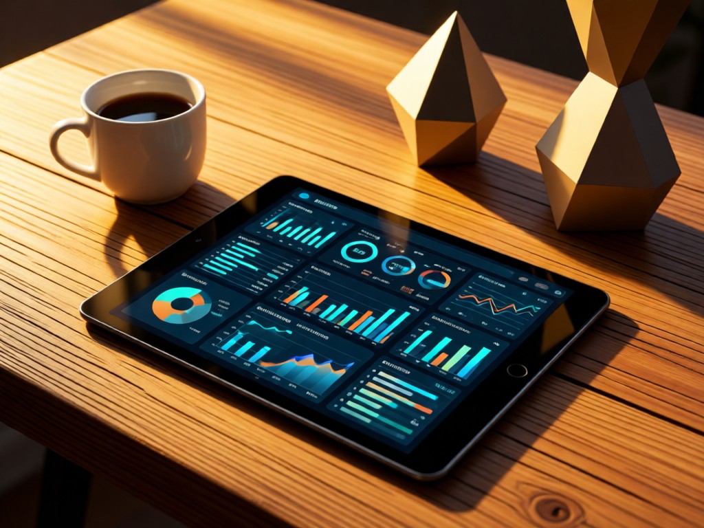 A tablet showing elegant financial dashboards on a wooden desk. Nearby, a coffee cup sits beside abstract geometric sculptures. Golden hour light creates depth and clarity. No people.
