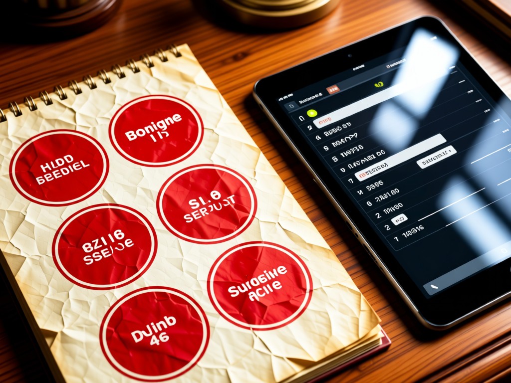A vintage desk calendar with bold red booking circles beside a sleek tablet showing available time slots. Warm light highlights paper texture and screen glow. No people.