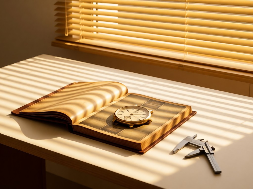 Minimalist desk with an open vintage watch catalog beside calipers. Golden hour light through blinds creates clean lines. No people.