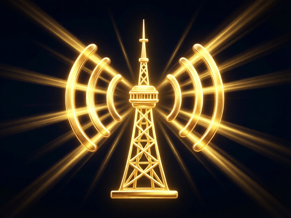 Glowing radio tower icon on dark background with golden light rays. Symbolic connectivity, no text or people.