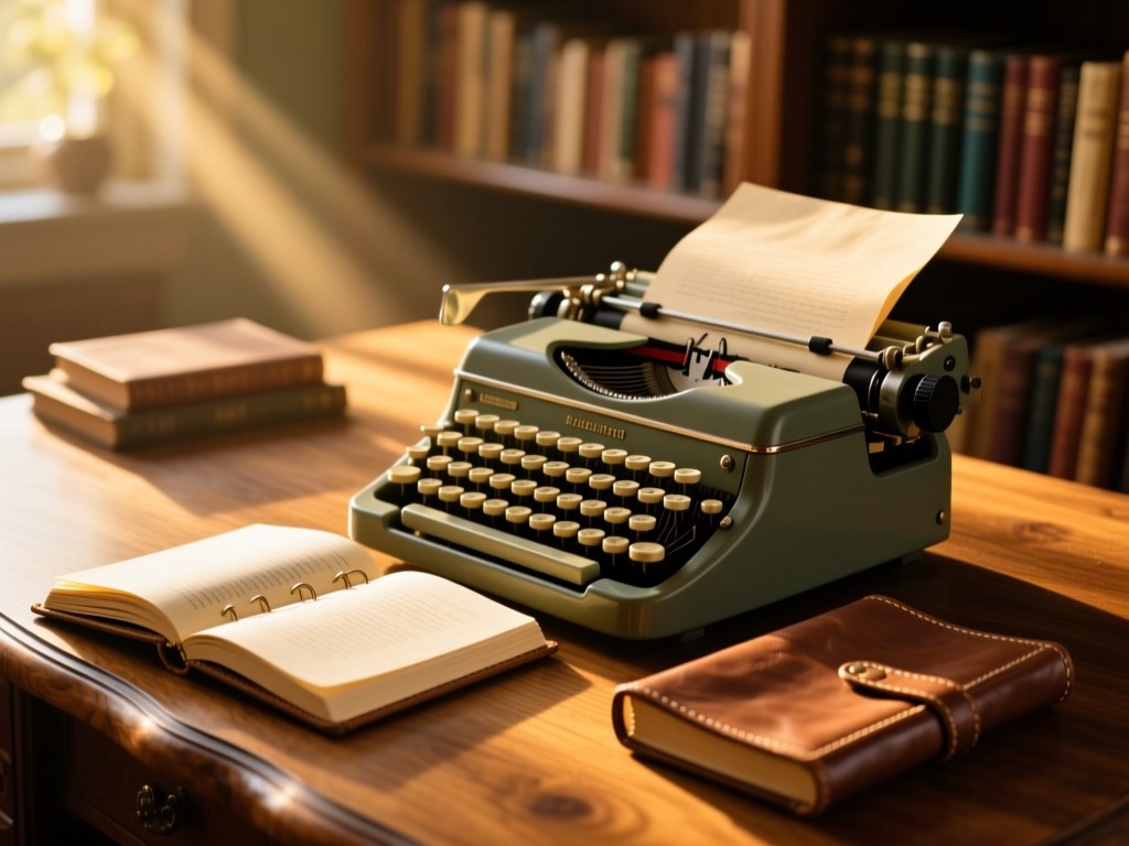 A vintage typewriter beside an open leather-bound notebook on a oak desk at golden hour, sun rays highlighting paper texture, soft focus background with bookshelves, warm natural lighting.