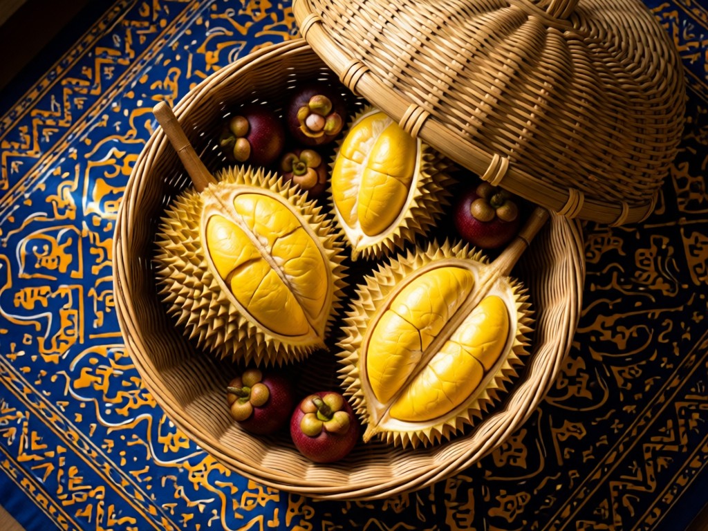 Top-down view of an open woven basket filled with exotic fruits like durian and mangosteen, placed on traditional batik fabric. Soft directional light creates depth and texture. No people.