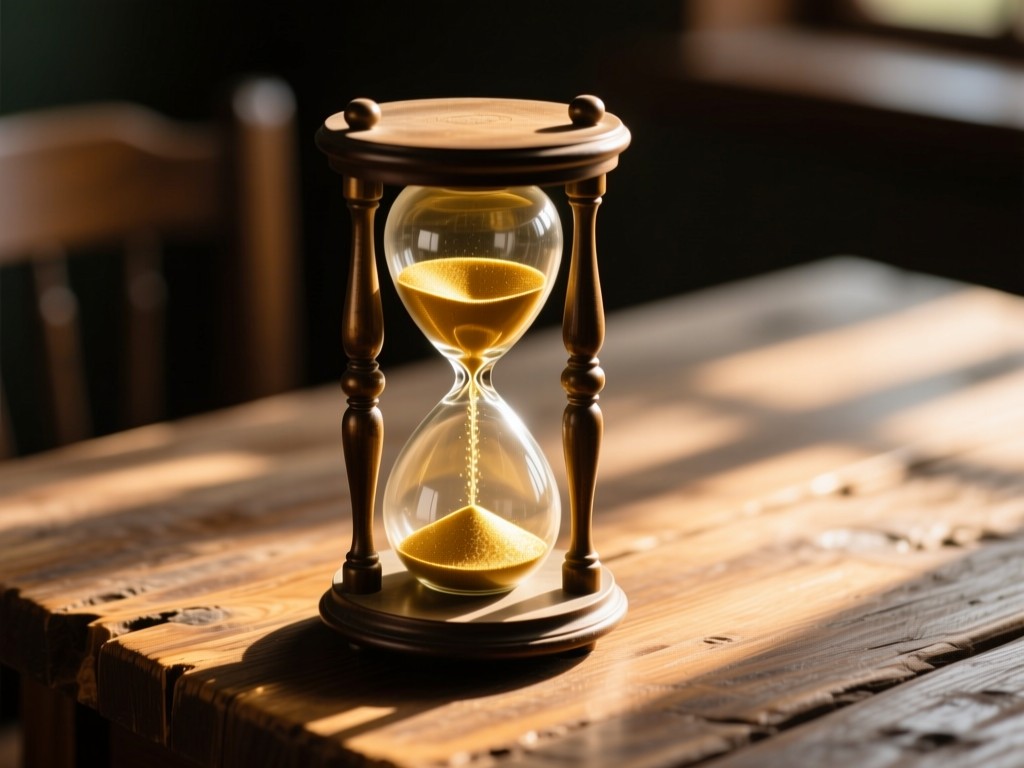 A vintage hourglass on a rustic wooden table, golden sand flowing, warm sunlight creating dynamic shadows, shallow depth of field, no text.