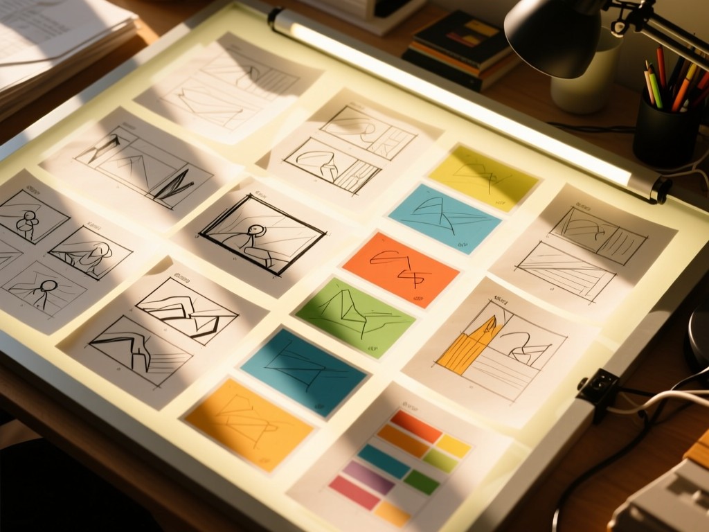 Overhead shot of storyboard sketches and colored script pages neatly arranged on a lightbox. Warm sunlight highlights paper textures. Creative workspace atmosphere. No people.