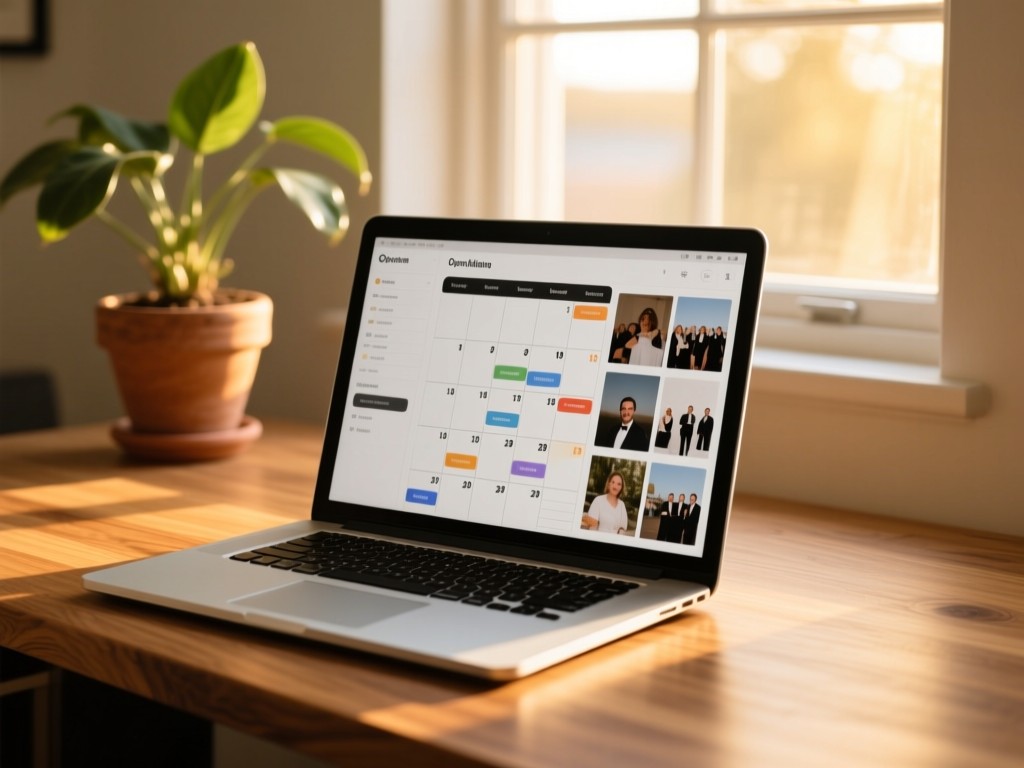 Open laptop on oak desk at golden hour, screen showing organized event calendar and photo gallery, soft sunlight through window, potted plant in background, minimalist composition.