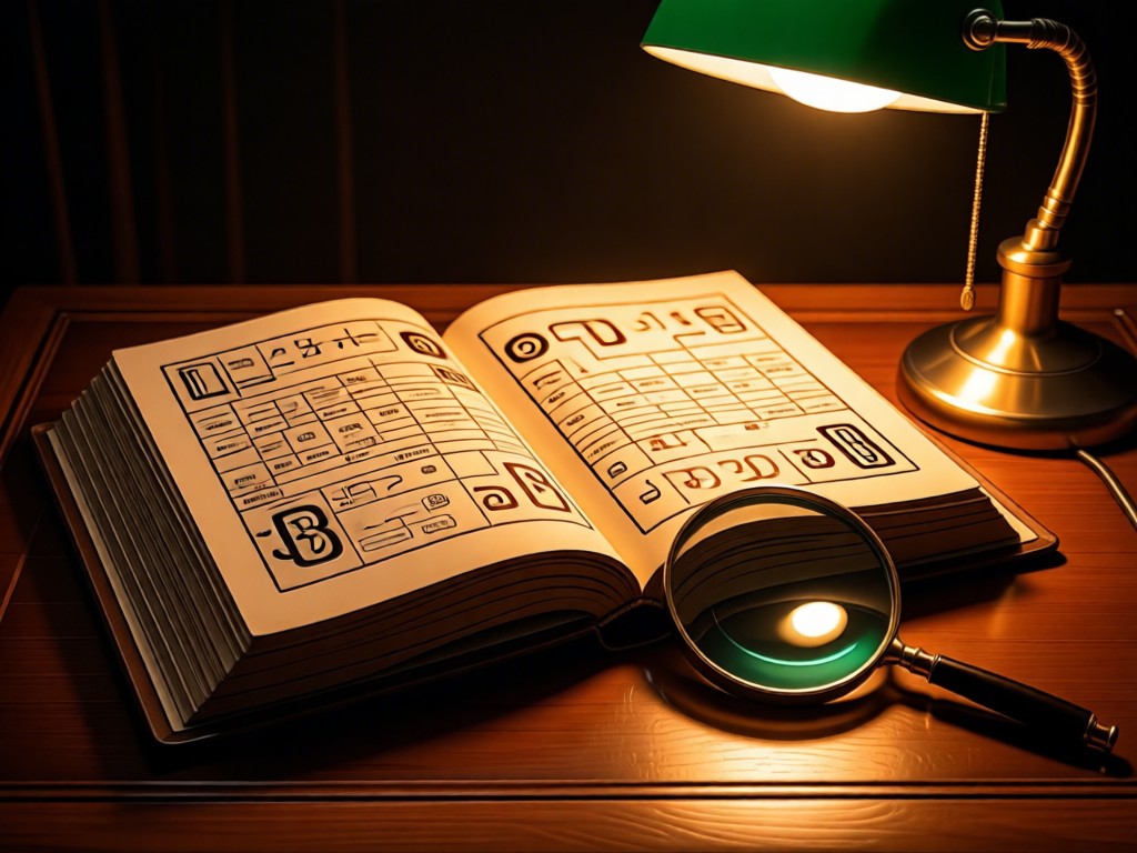 An open leather-bound pedigree book beside a magnifying glass. Pages show elegant lineage charts. Warm desk lamp glow creates depth.
