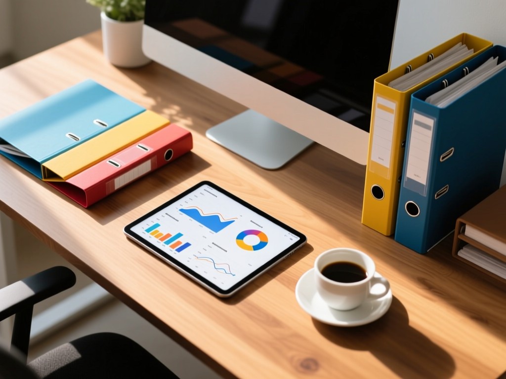 An overhead shot of a sleek desk with color-coded folders, a tablet showing analytics, and a coffee cup. Soft shadows create depth on the wooden surface. Natural light emphasizes organization. No people.