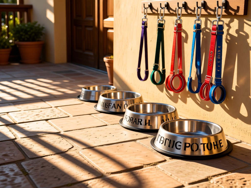 Artistic arrangement of empty pet bowls with engraved names on a sun-drenched patio. Nearby, leashes and colorful collars hang on hooks. Warm afternoon light creates long shadows across stone tiles. No pets or people visible.