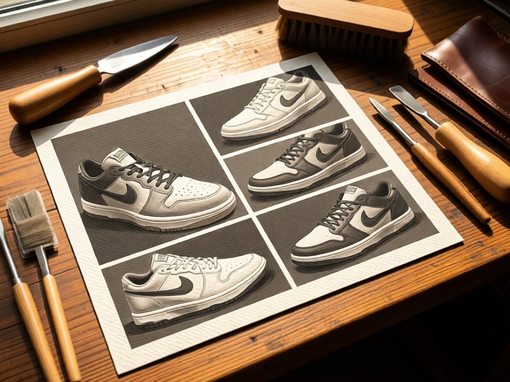 A time-lapse collage of sneaker restoration stages printed on textured cardstock, laid beside leather cleaning tools on a sunlit workbench. No people.
