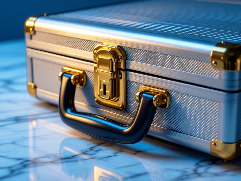 A close-up of a locked metal briefcase on a marble surface. Golden light highlights the lock mechanism. Soft blue tones convey security. No text or people.