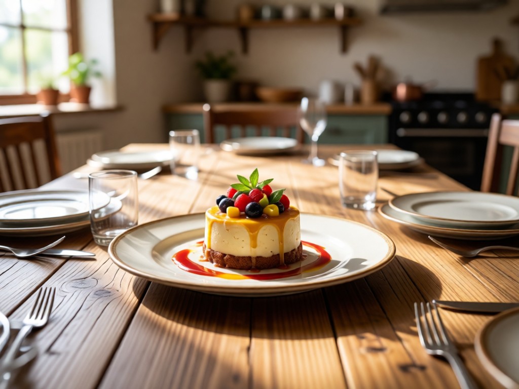 Overhead shot of a perfectly set rustic dining table with one artfully plated dessert in the center. Soft natural light highlights the food presentation. Blurred background suggests a cozy kitchen. No people.