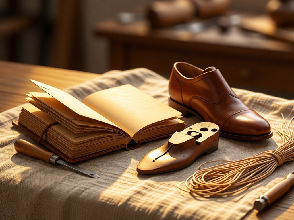 An open leather-bound journal beside a shoe last and natural fibers on a linen cloth. Golden light highlights textures and craftsmanship tools. Soft focus background. No people.