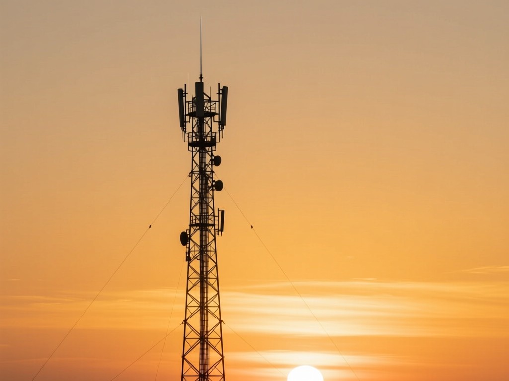 A towering broadcast antenna against a golden hour sky, symbolizing reach and connection, warm sunset glow, minimalist composition, no people or text.