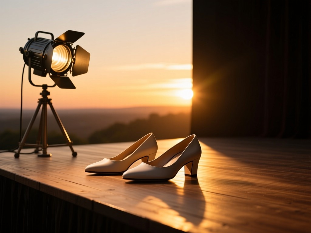 A vintage spotlight illuminating empty designer shoes on a wooden stage at sunset, dramatic shadows, golden hour glow, minimalist composition, no text or people.
