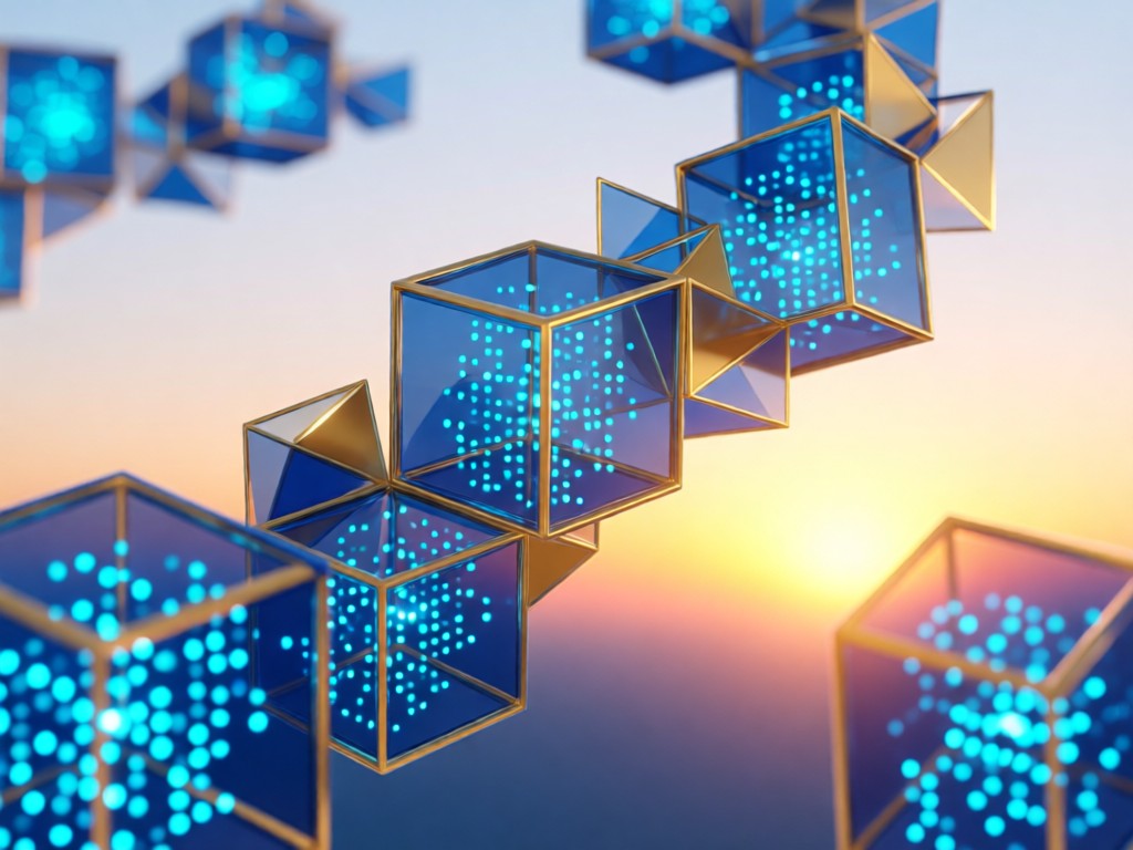 An abstract composition of floating geometric shapes in blue and gold. Transparent cubes contain glowing data points, arranged in clean patterns against a soft-focus sunrise background.