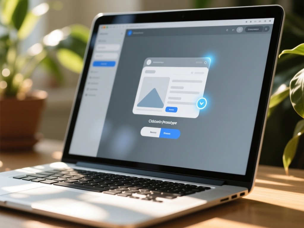 Laptop screen showing a clickable prototype with subtle hover effects. Sunlight reflects softly on the device's edge against a blurred plant background.