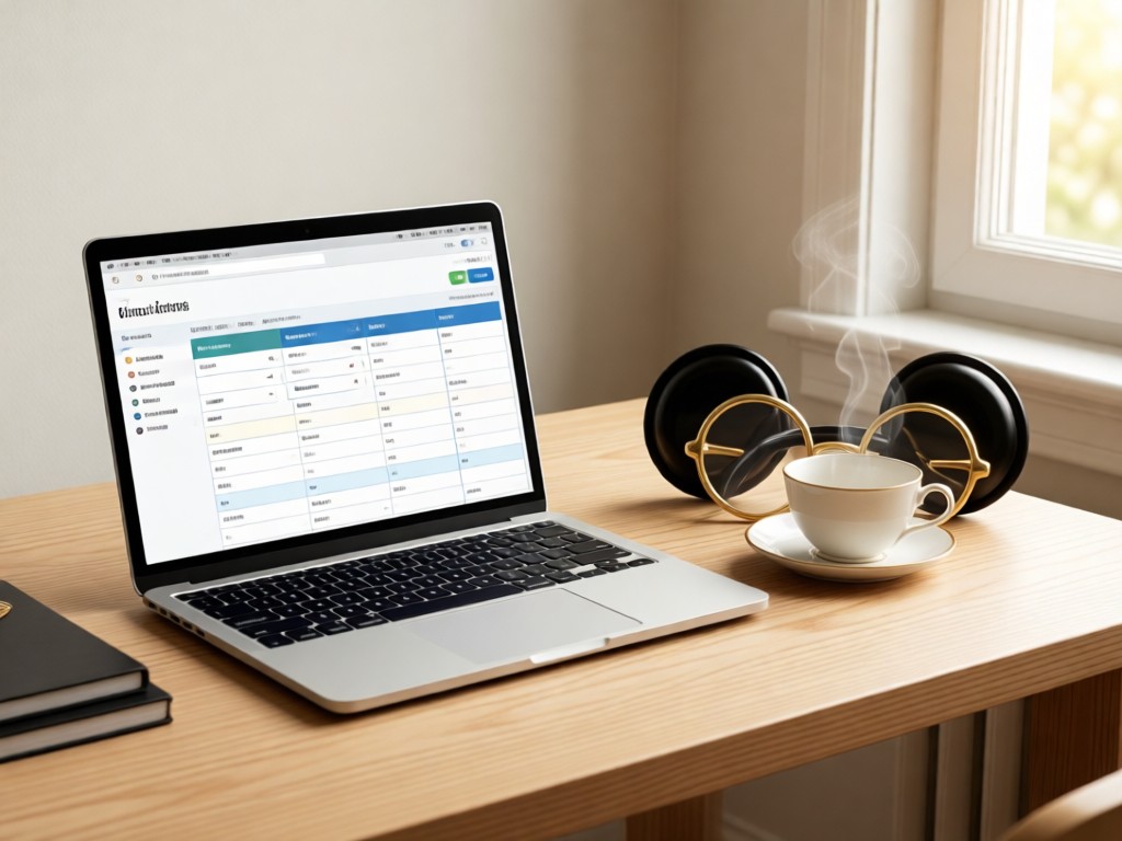 A minimalist desk with an open laptop showing a clean Disney merchandise tracker. Next to it, a pair of gold-rimmed Mickey ears rests beside a steaming teacup in morning light. Focus on organized collecting.