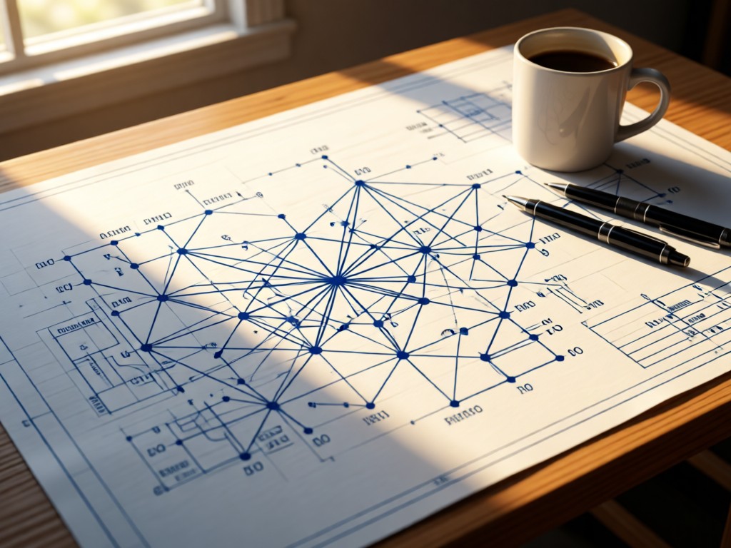 An angled view of a blueprint-style network diagram on a drafting table. Technical pens and a coffee mug sit nearby in soft afternoon light. Focus on the intricate lines and nodes, no people.