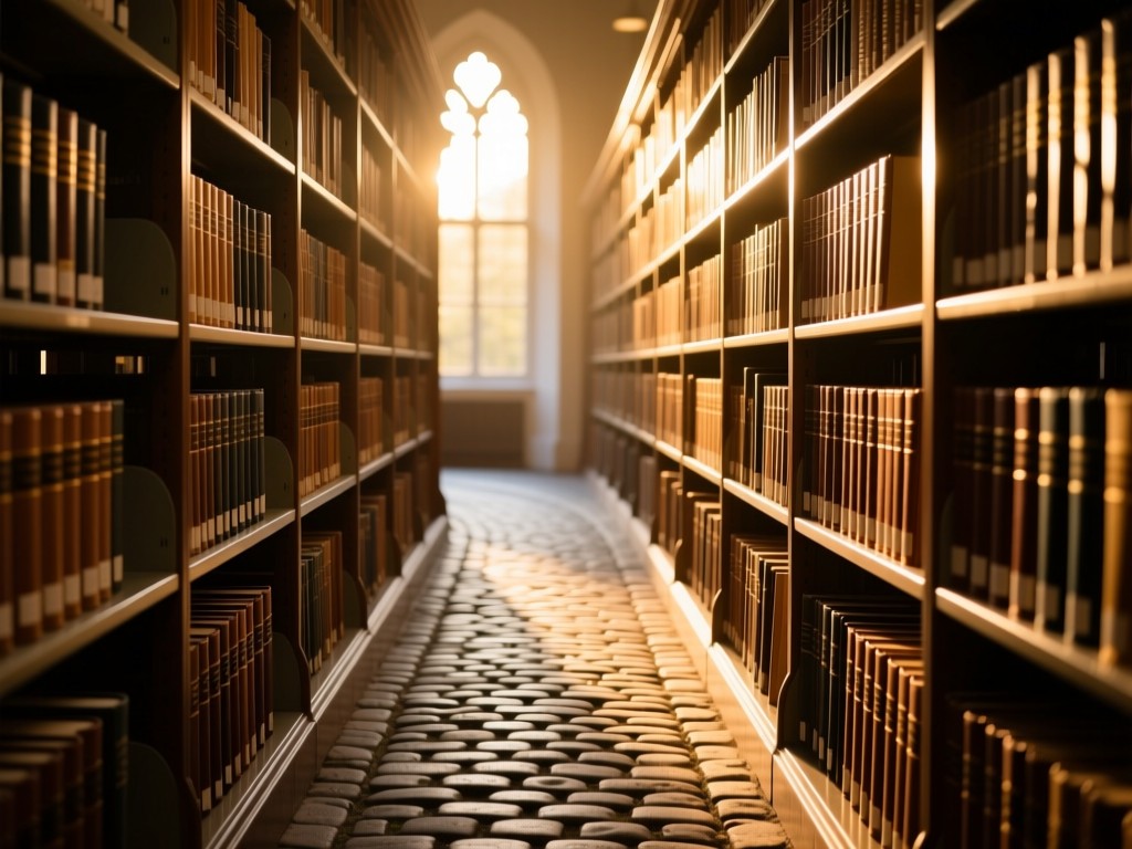 A winding cobblestone path through sunlit law library stacks during golden hour, soft light illuminating leather-bound books, symbolizing discovery of expertise, warm academic tones.