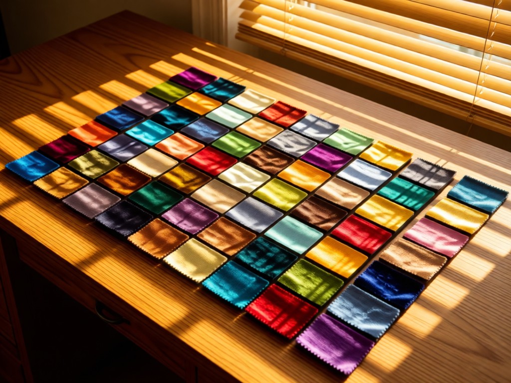 Overhead shot of color-coordinated fabric swatches arranged like a mosaic on oak desk. Golden light creates depth through window blinds. No people.