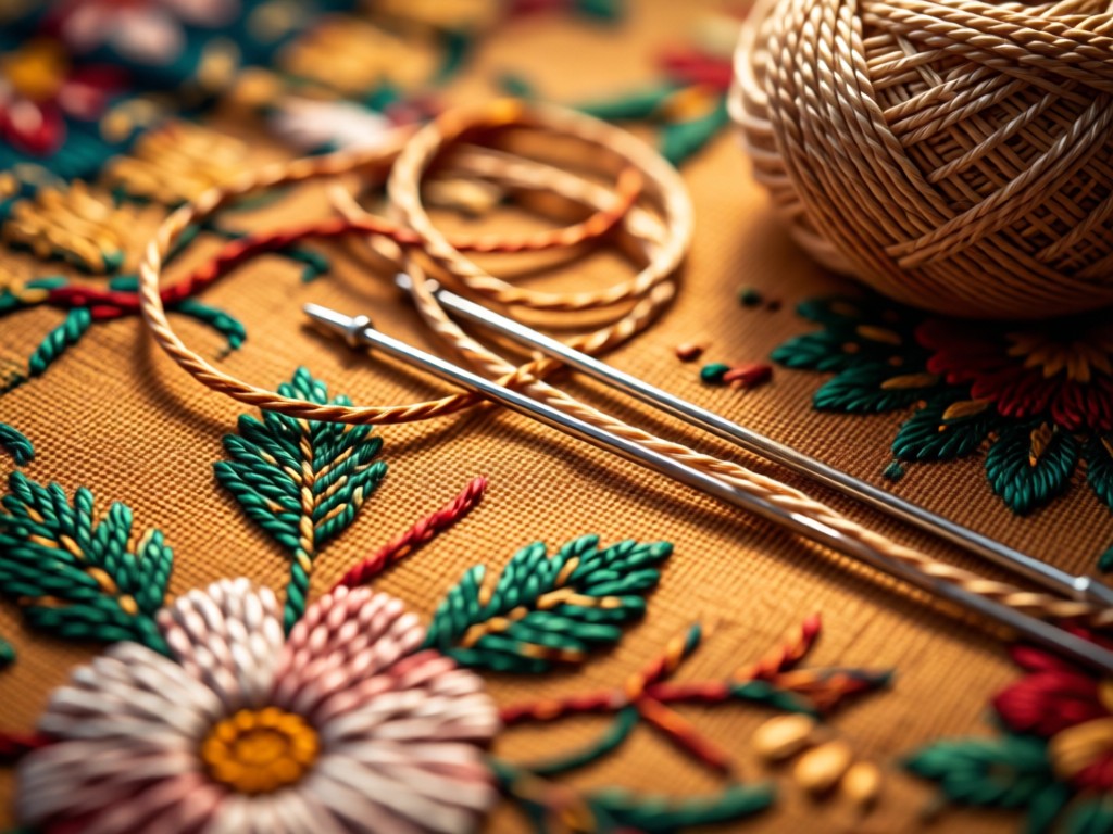 Macro shot of hand-embroidered Khaadi fabric with needle and thread resting beside it. Shallow depth of field, warm lighting emphasizing texture. No people.