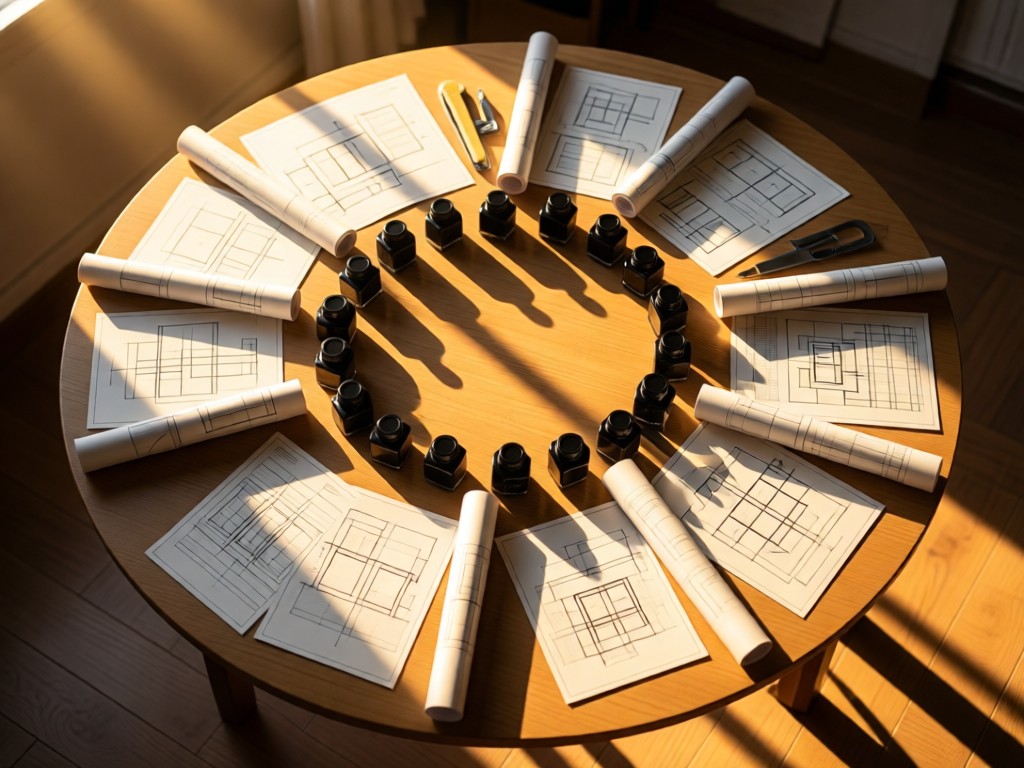 An aerial view of a drafting table with rolled posters, ink bottles, and design tools arranged in a perfect circle. Golden hour light creates long shadows. Symbolizes organization and creativity. No people.