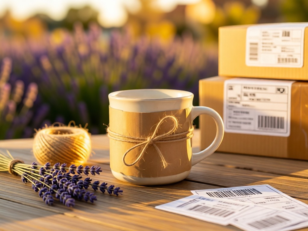 Stylish flat lay of packaged ceramic mug with twine and dried lavender. Soft focus background shows shipping labels. Warm golden hour lighting creates cozy atmosphere. Clean and inviting composition. No people.