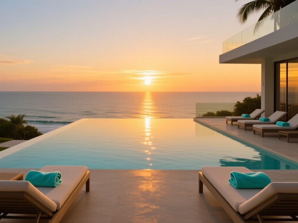 An infinity pool merging with ocean horizon at sunset. Golden light reflects on water surface. Empty loungers flank the pool with folded turquoise towels. Represents seamless digital experience.