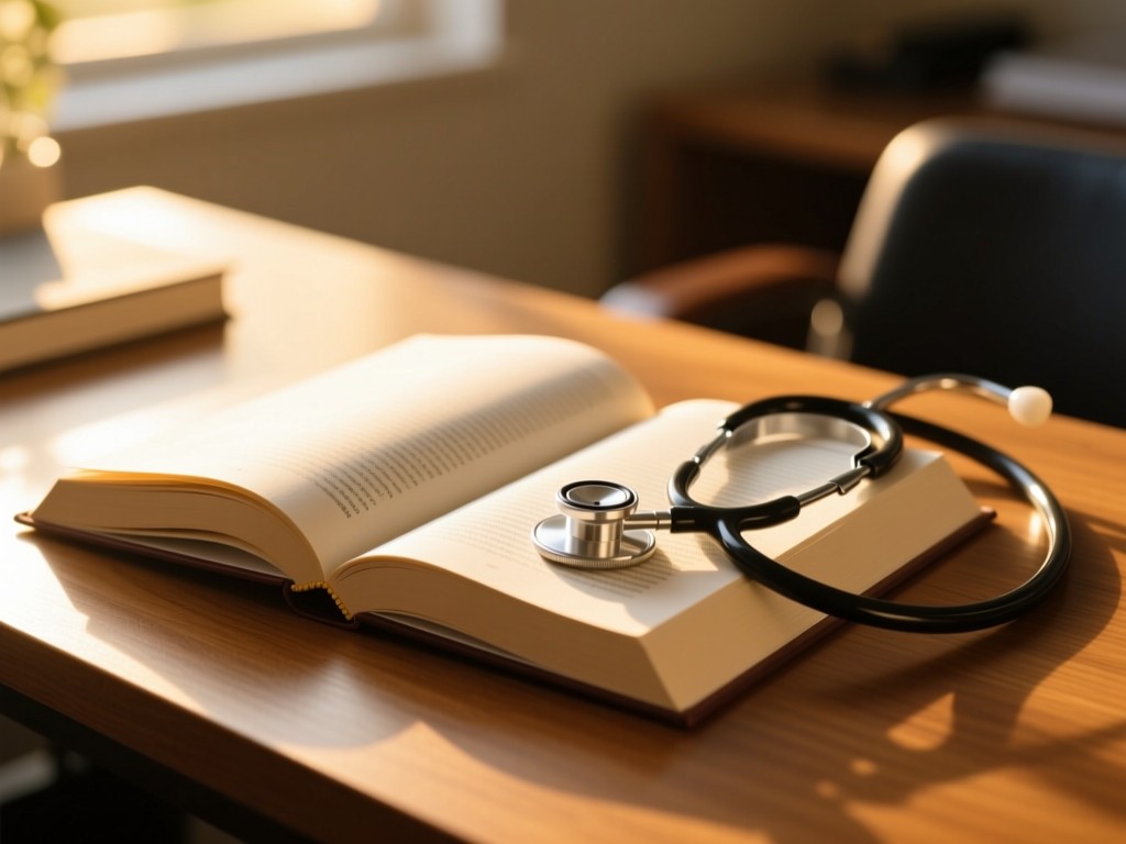 An open hardcover book and stethoscope on a wooden desk during golden hour, soft sunlight illuminating the pages, shallow focus, warm tones, no people.