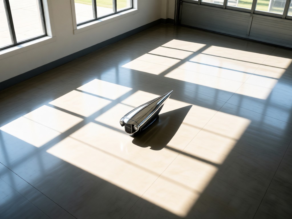 Aerial view of a vintage car hood ornament centered on an immaculate garage floor. Sunbeams stream from high windows, creating clean geometric shadows. No people.