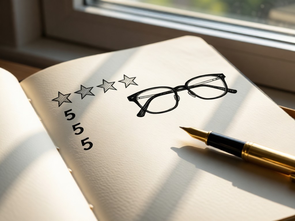 Close-up of open notebook showing hand-drawn 5-star ratings beside sketched glasses. Natural light from a window illuminates the paper texture. A gold pen lies diagonally across the page. No people.