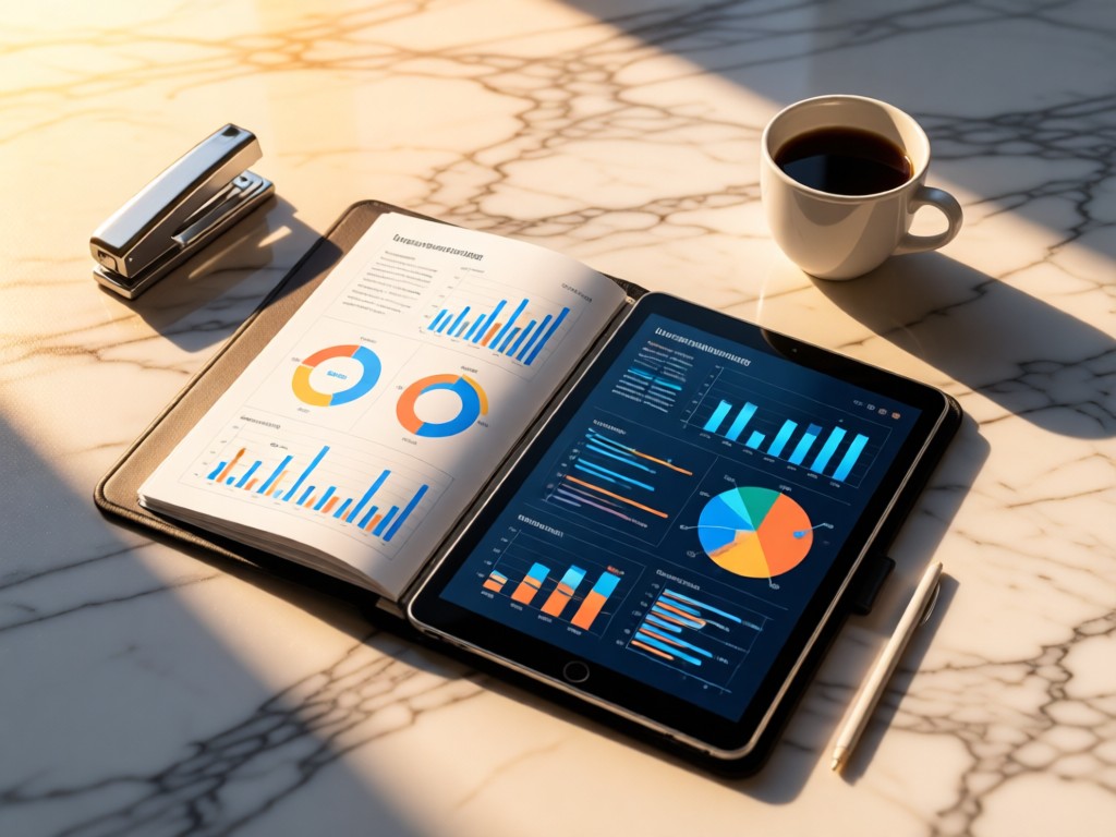 Overhead shot of an open portfolio on a tablet displaying infographics. Beside it, a coffee cup and modern stapler on a marble surface. Warm morning light creates clean shadows. No people.