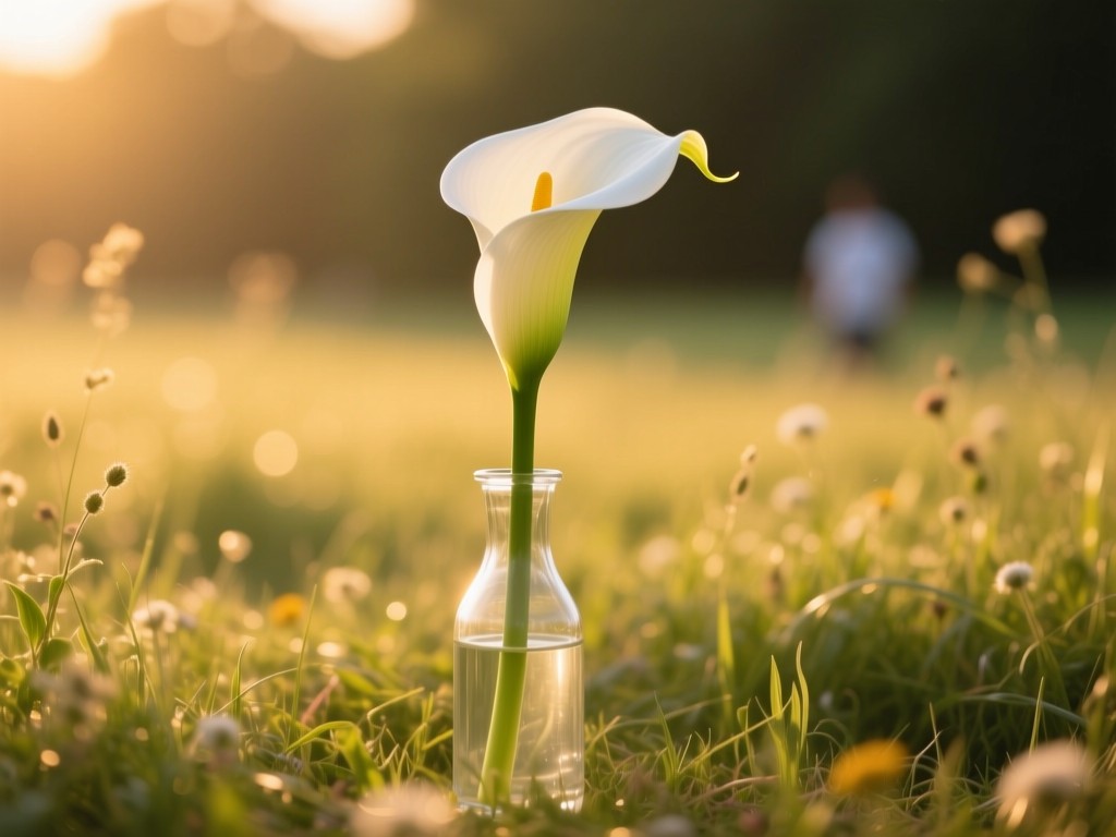 A single, elegant calla lily in a clear vase standing in a sun-drenched meadow at golden hour. Symbolizes simplicity and standing out. Soft focus background. No people.