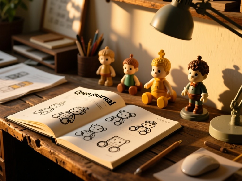 Open journal with sketched toy designs beside classic figurines on a rustic desk at golden hour, soft shadows, creative workspace atmosphere, no people.
