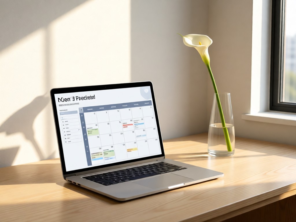 A minimalist desk setup with a sleek laptop showing a simple booking calendar. Beside it, a single calla lily in a vase catches afternoon light. Clean and professional. No people.
