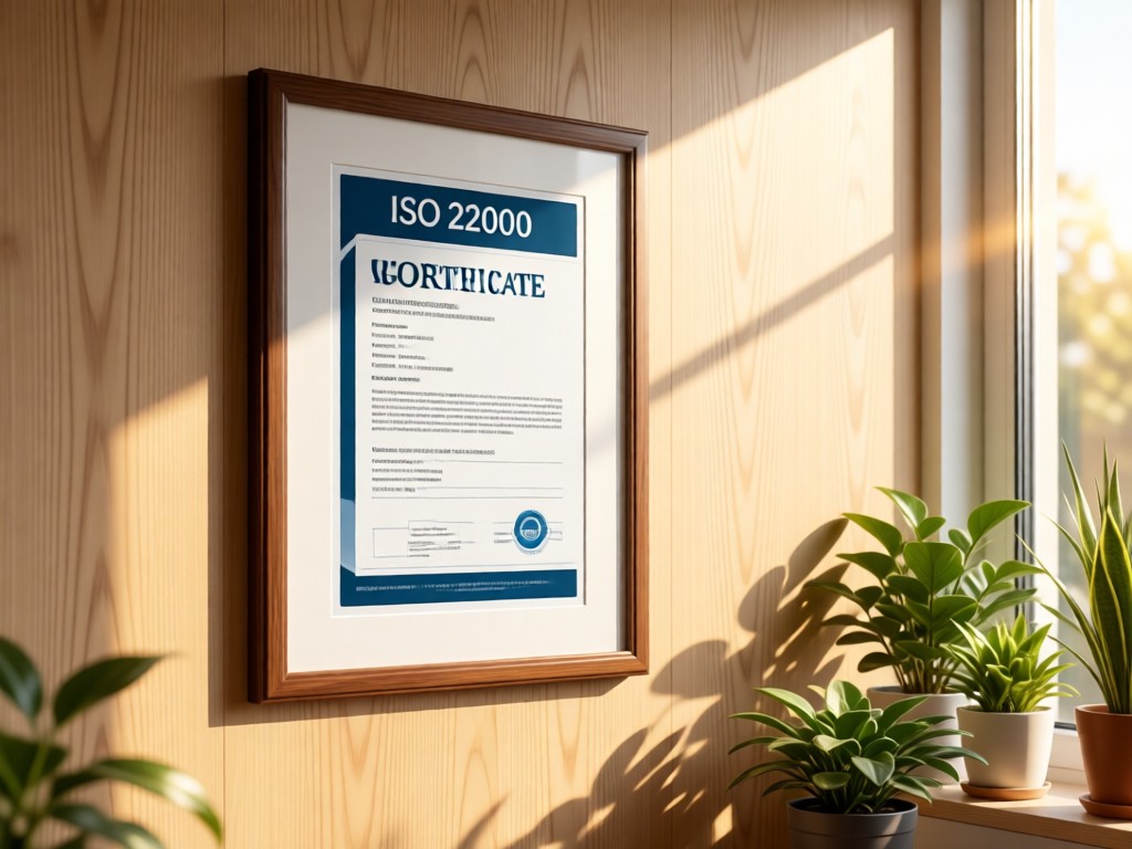 ISO 22000 certificate elegantly framed on a light oak wall. Sunlight glows through nearby window plants. Clean and professional atmosphere.