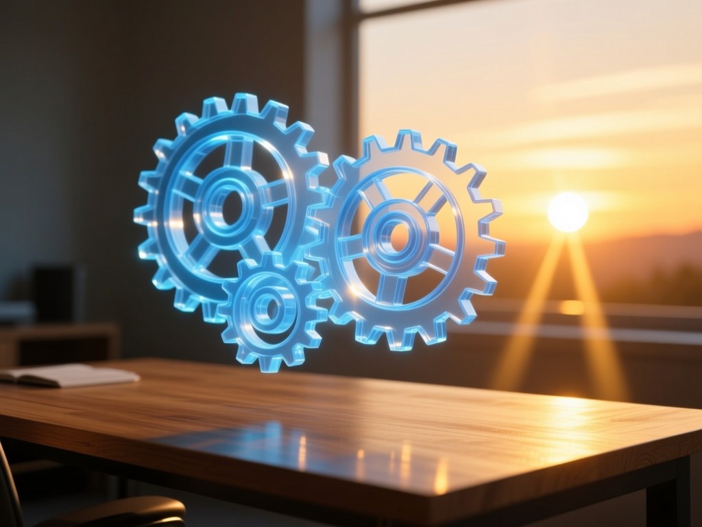 Interlocking gears made of translucent blue light hovering over a wooden desk at sunset, golden hour rays creating warm reflections, minimalist tech aesthetic, no text or people.