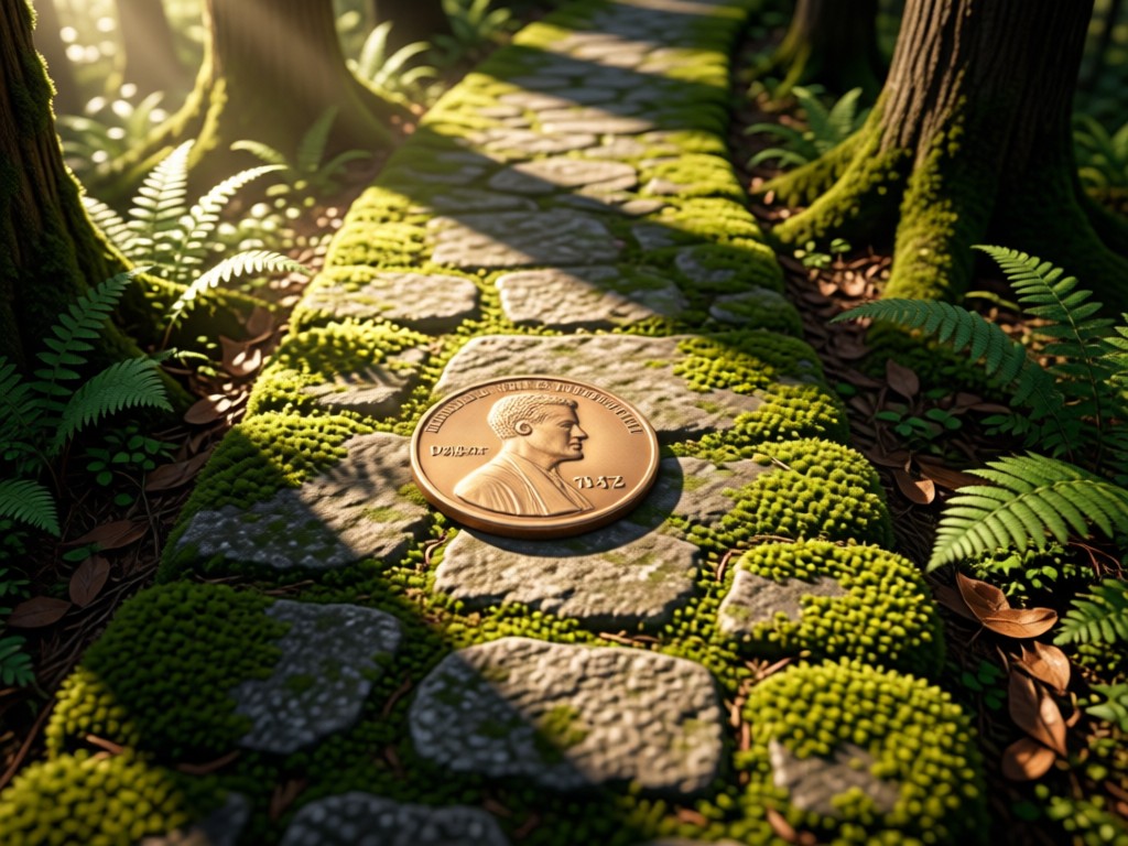 Aerial shot of a pristine 1943 steel penny centered on a mossy stone path in dappled forest light. Scene symbolizes discovery and preserved value. Soft shadows and warm tones. No people.