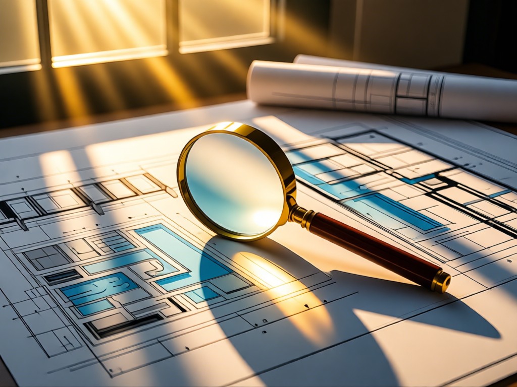 A magnifying glass resting on blueprints of pool designs. Golden hour light streams through window onto technical drawings. Focus on clarity and precision. No people.