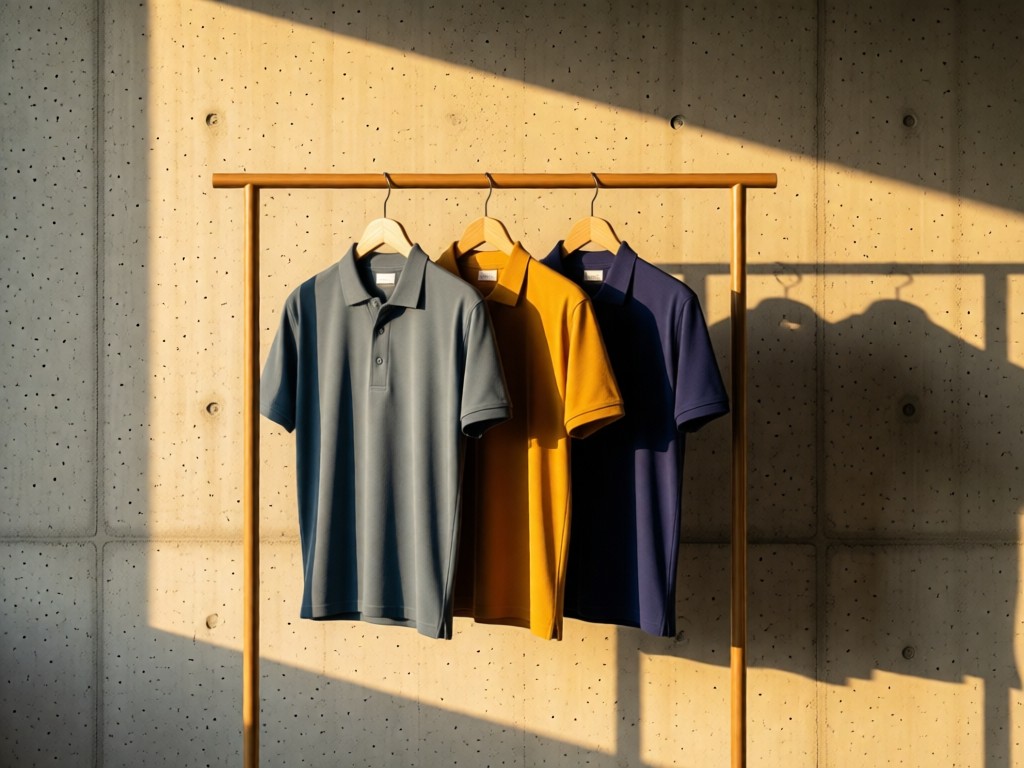 A minimalist clothing rack holding three color-coordinated polo shirts in golden hour light. Soft shadows fall on a textured concrete wall background. No people.