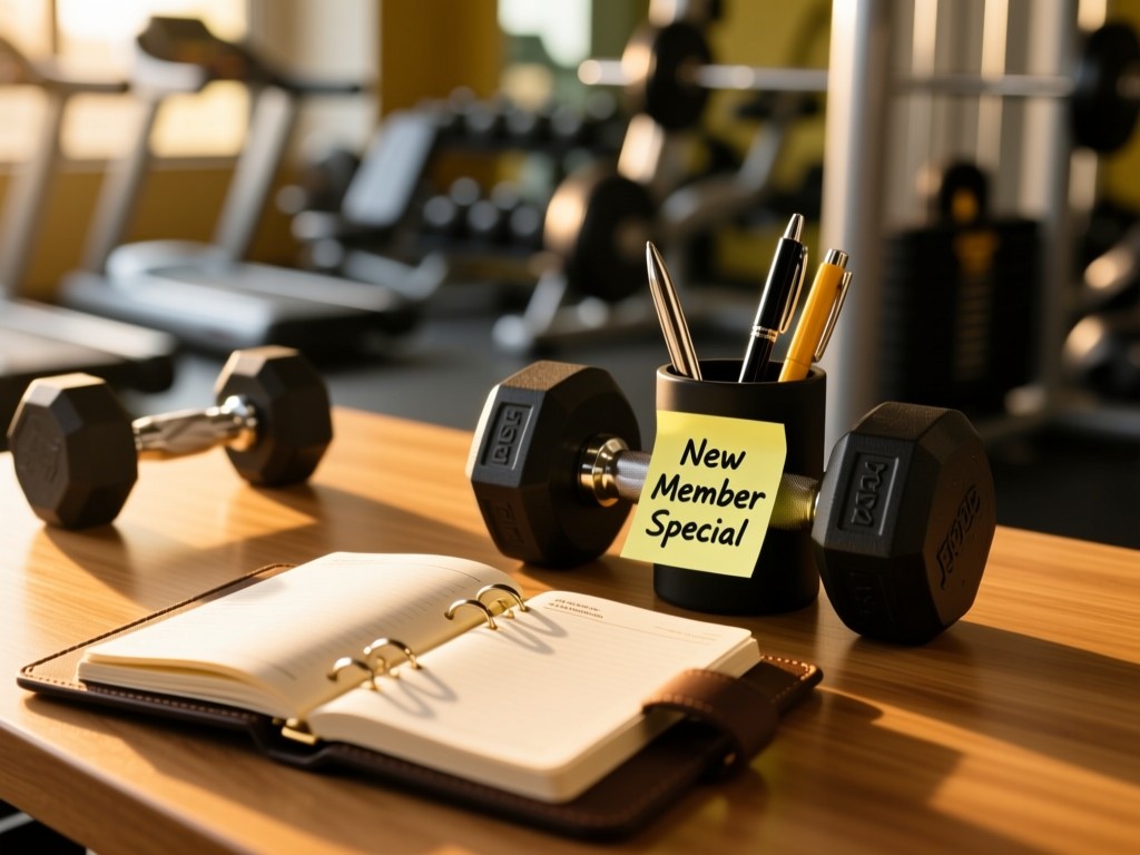 An open planner with dumbbell pen holder on wooden desk, golden hour light illuminating 'New Member Special' sticky note, blurred gym equipment background, shallow depth of field.